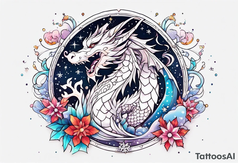 Constellation, kawaii dragon, snowflake tattoo idea