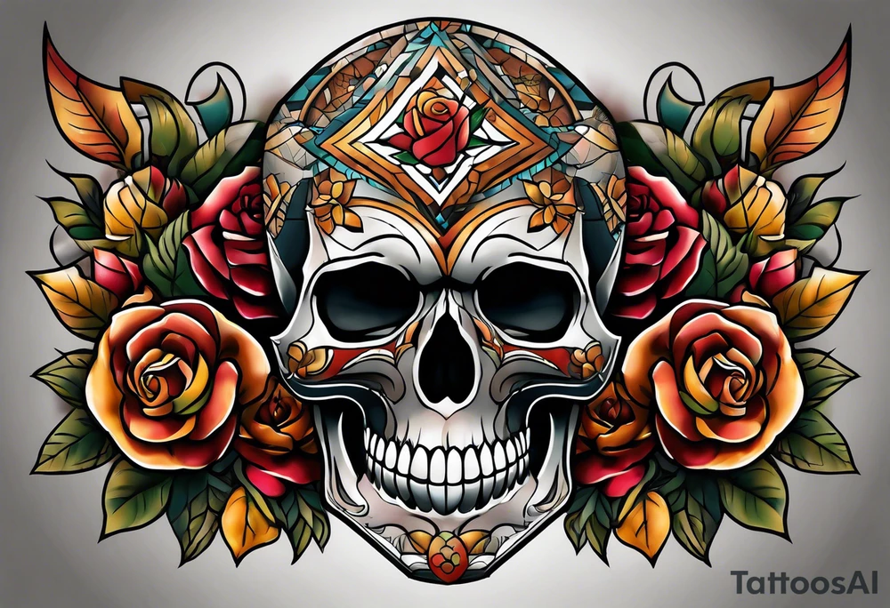 neo traditional Knee tattoo in fall colors showing a large skull with a rose in the style of Mark Mahoney tattoo idea