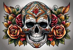 neo traditional Knee tattoo in fall colors showing a large skull with a rose in the style of Mark Mahoney tattoo idea