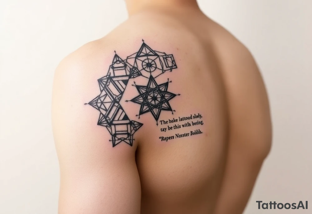 Black ink. Start from wrist, up to a few inches above the elbow, and wrap all around the arm. Use densely interwoven scared geometry symbols of peace, prosperity, health, compassion, and spiritual awakening and enlightenment. Interweave the word “Rakan” and the word “Dalea”. And finally, interweave this text:

All beings one body, I vow to liberate.
Blind passions one root, I vow to terminate.
Dharma gates one mind, I vow to penetrate.
The great Way of Buddha, I vow to realize. tattoo idea