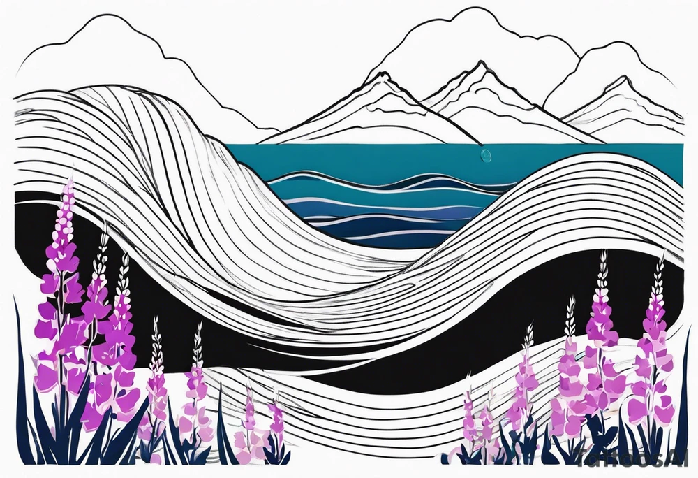 ocean wave with lupine and fireweed. no mountains tattoo idea