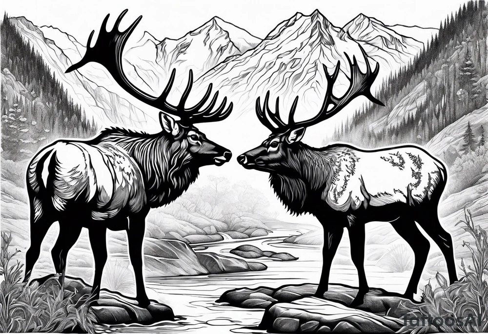 two elk fighting with mountains and stream in background tattoo idea two elk fighting with mountains and stream in background tattoo idea
