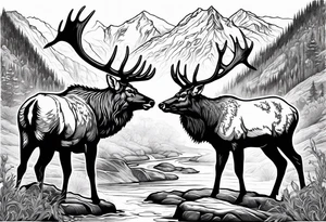 two elk fighting with mountains and stream in background tattoo idea