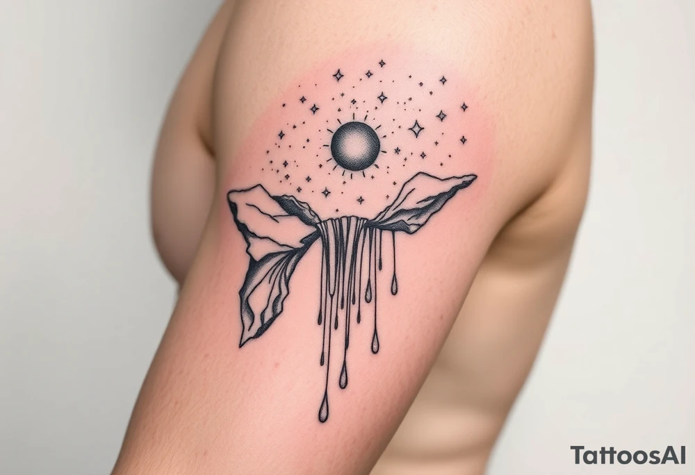 A universe with the stars falling into a waterfall and turning into rain drops tattoo idea