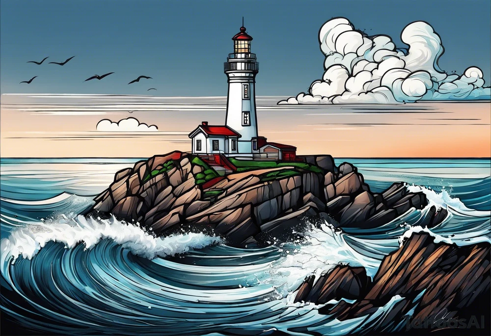 lighthouse at the ocean, a bit realistic  framed tattoo idea