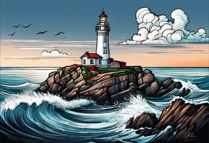 lighthouse at the ocean, a bit realistic  framed tattoo idea