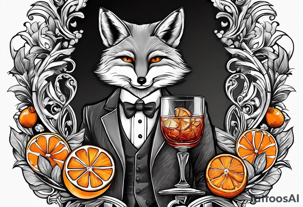 Grey fox with Negroni in short lowball cocktail glass with ice and orange peel tattoo idea