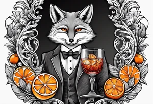 Grey fox with Negroni in short lowball cocktail glass with ice and orange peel tattoo idea