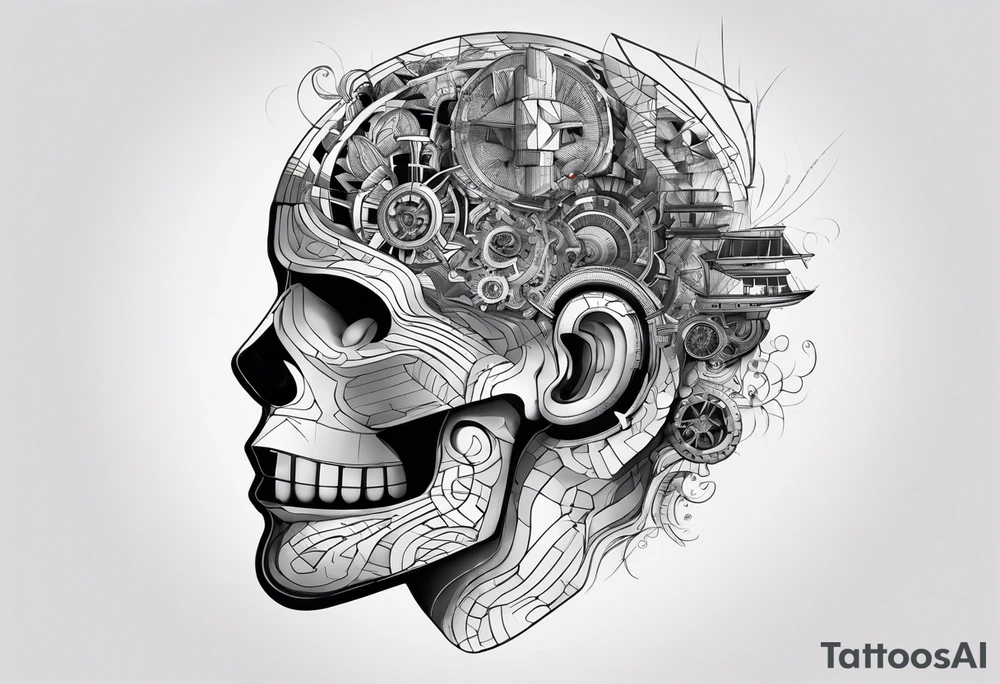 a modular mechanical design where the brain would be in a diagram of the dissected human head connected or reflected by an abstract lines based image of a ship on fire tattoo idea