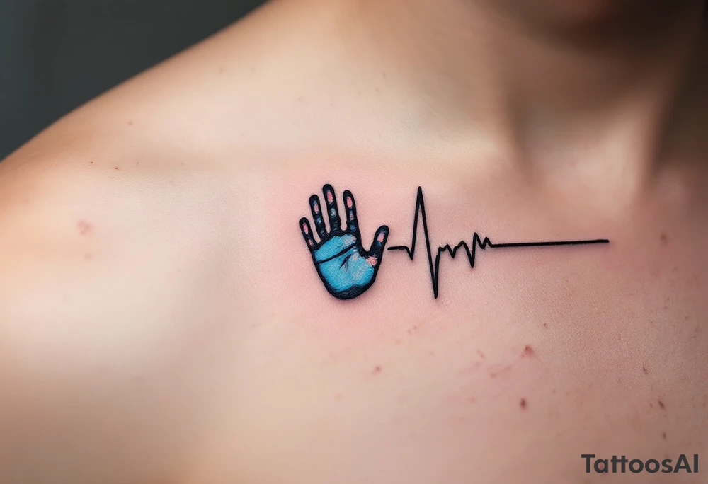 A heartbeat line in black ink ending in a tiny handprint shaded with light blue. tattoo idea