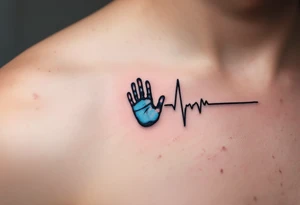 A heartbeat line in black ink ending in a tiny handprint shaded with light blue. tattoo idea