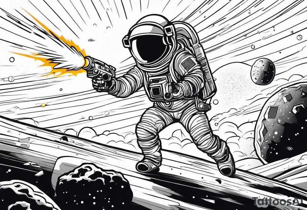 Astronaut laser blasting a asteroid, far away tattoo idea