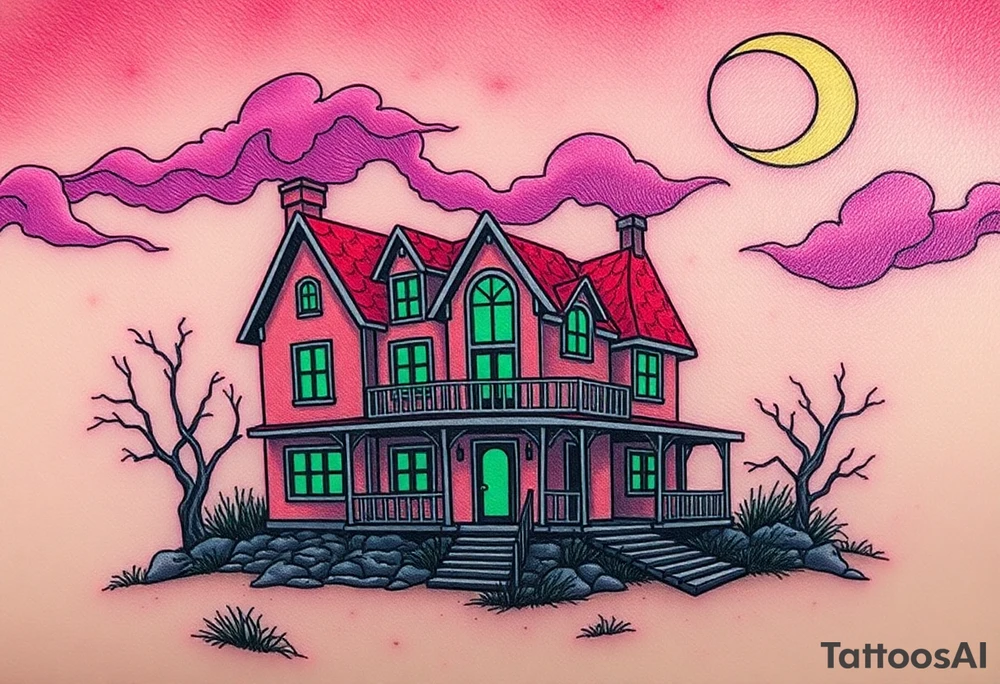 Tim Burton’s haunted pastel beach home is abandoned and dripping with muted reds, dusty pinks, and eerie green glow.purple and cyan smokey clouds swirl in the crescent moonlit sky thats sprinkled with stars tattoo idea tattoo idea