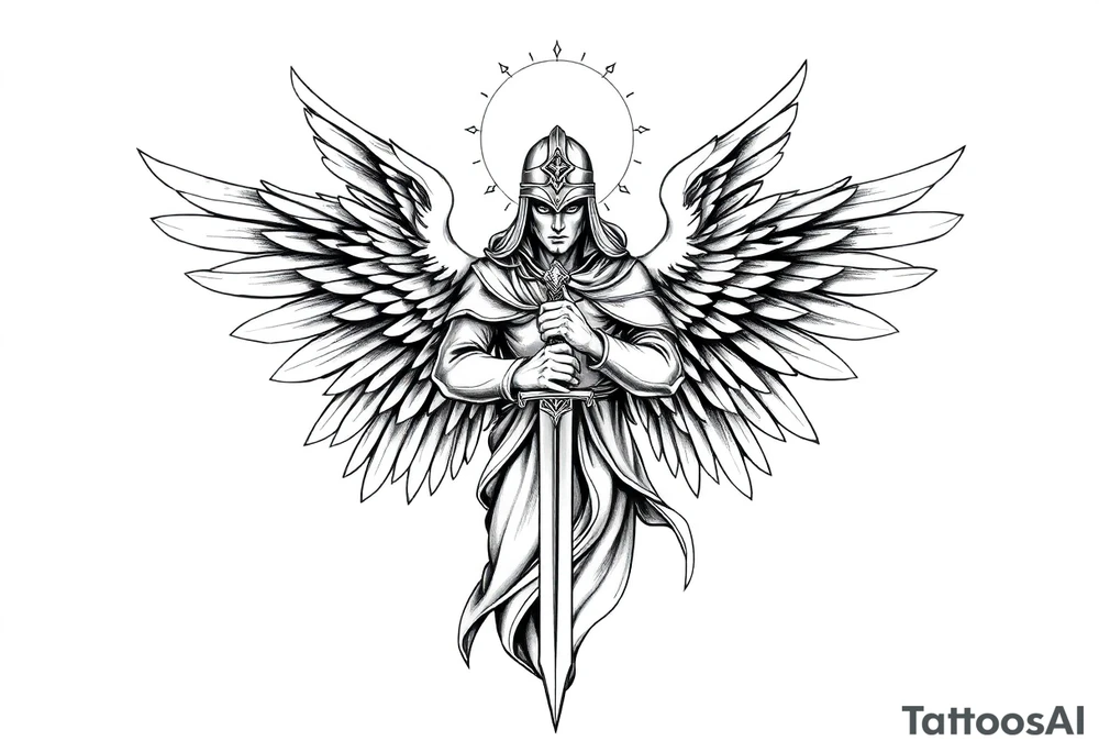 Holy Archangel, Biblical, Christianity, Hebrew, Guards of Christianity, Holding a sword, has six wings, wearing helmet, halo, seraphim tattoo idea