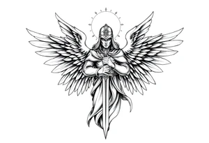 Holy Archangel, Biblical, Christianity, Hebrew, Guards of Christianity, Holding a sword, has six wings, wearing helmet, halo, seraphim tattoo idea