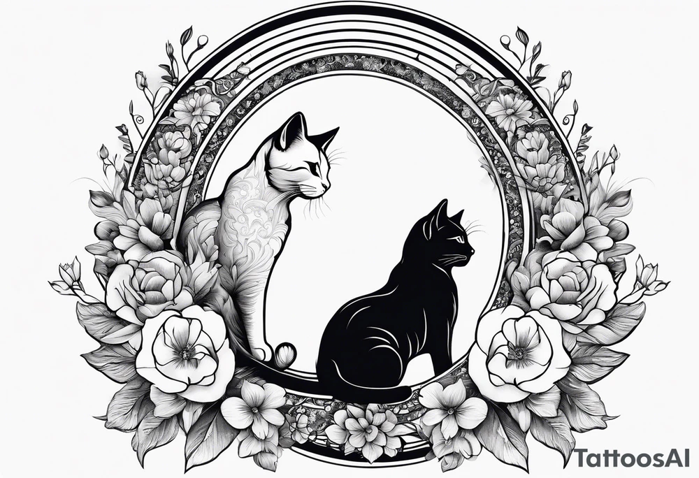 2 cats in laid crescent moon with flowers tattoo idea