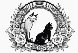 2 cats in laid crescent moon with flowers tattoo idea