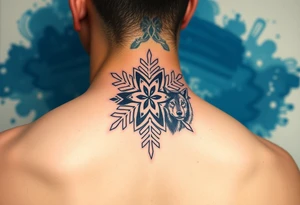 A white snowflake on Blue watercolor backround with two wolf siblings tattoo idea