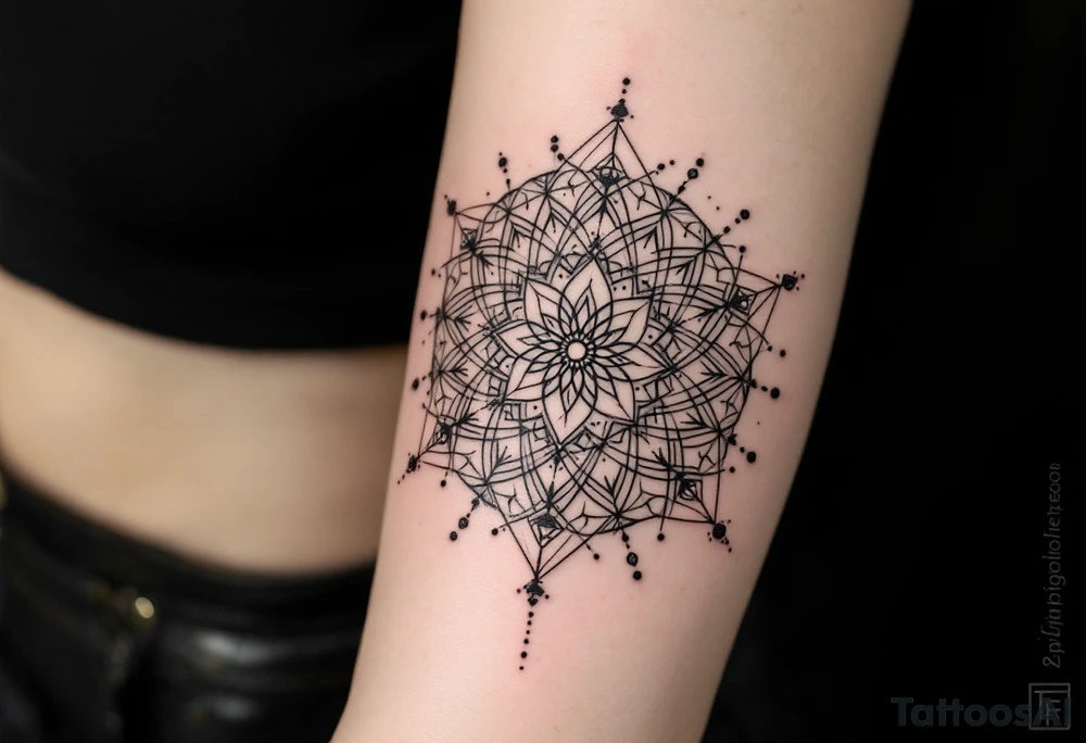 simple, fine-line tattoo, sacred geometry mandala, centerpiece design, dotwork patterns, radiating geometry, symmetrical mandala, geometric shapes, intricate dotwork, sacred patterns, mandala center, geometric radiating, fine line work, black grey shading, minimalist design, no outlines, arm placement, delicate linework, precise geometry, clean symmetry, sacred symbols, geometric precision, dotwork details, mandala focal point, refined patterns, understated complexity, geometric harmony tattoo idea
