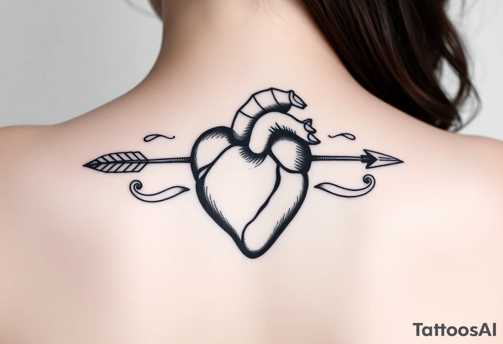 anatomical heart pierced by ornate arrow with flowing ribbons tattoo idea