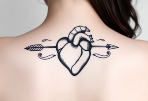anatomical heart pierced by ornate arrow with flowing ribbons tattoo idea