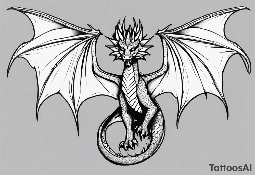Symmetrical, Realistic dragon, facing forward. With both wings spread out. Torn look to wings. Tails wraps down and has a morning star weapon at the end of tail. The tattoo would be suitable for the centre of a chest tattoo idea