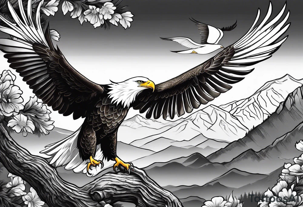 Eagle and a White Dove on a tree limb in the mountains reunite tattoo idea