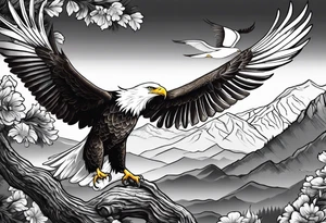 Eagle and a White Dove on a tree limb in the mountains reunite tattoo idea