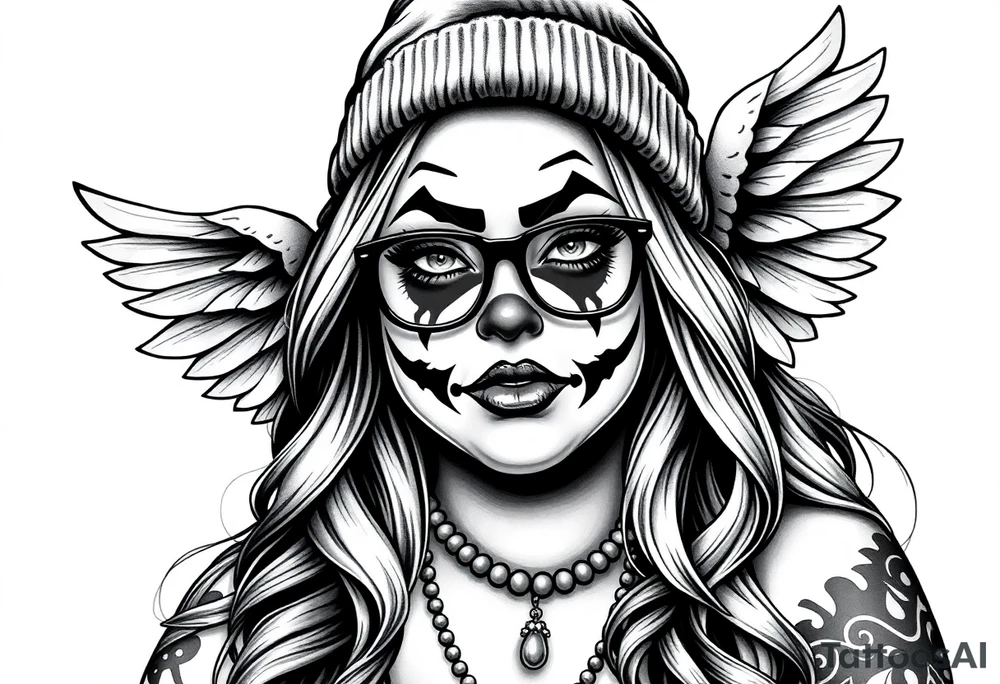 Chicana BBL fat sexy chunky plus size beautiful long hair clown makeup angel wings thug beanie eyeglasses tattoo idea