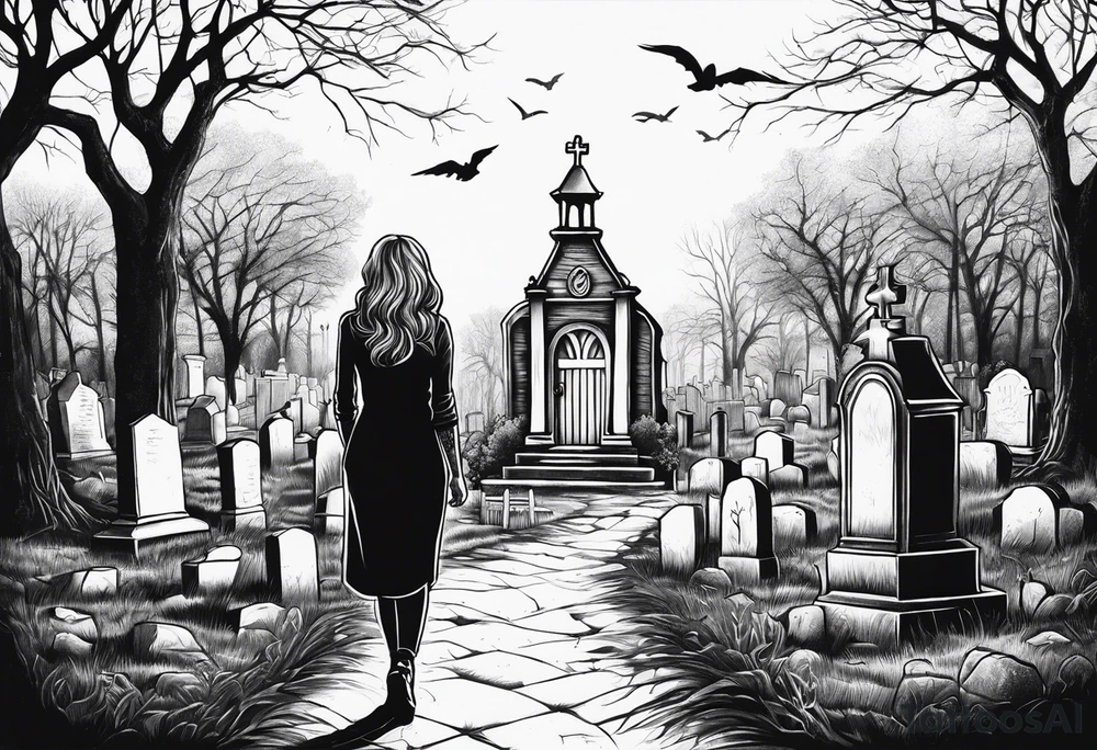 Woman walking out of a graveyard  leaving her old terrifying past behind her tattoo idea