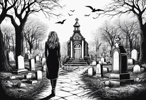 Woman walking out of a graveyard  leaving her old terrifying past behind her tattoo idea