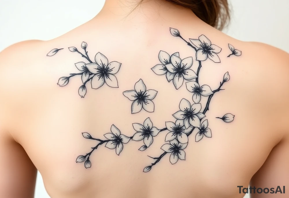 delicate cherry blossoms swirling in spring breeze with petals tattoo idea