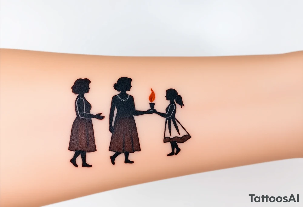 Silhouette of grandmother, mother and daughter passing a flame from oldest to youngest with the flame growing as it goes. tattoo idea
