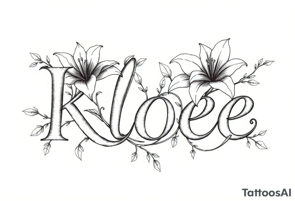 The word Kloee surrounded by big
lilies with the vines in letters tattoo idea