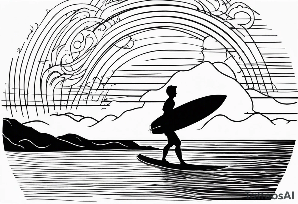 Black and white Line work tattoo depicting a father surfing in the sunset, and sharing his surfboard with his two daughters.  The sunset and horizon have musical notes. tattoo idea