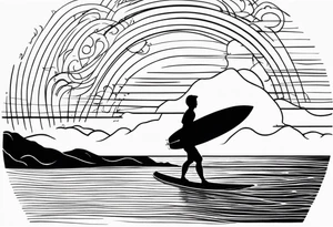 Black and white Line work tattoo depicting a father surfing in the sunset, and sharing his surfboard with his two daughters.  The sunset and horizon have musical notes. tattoo idea