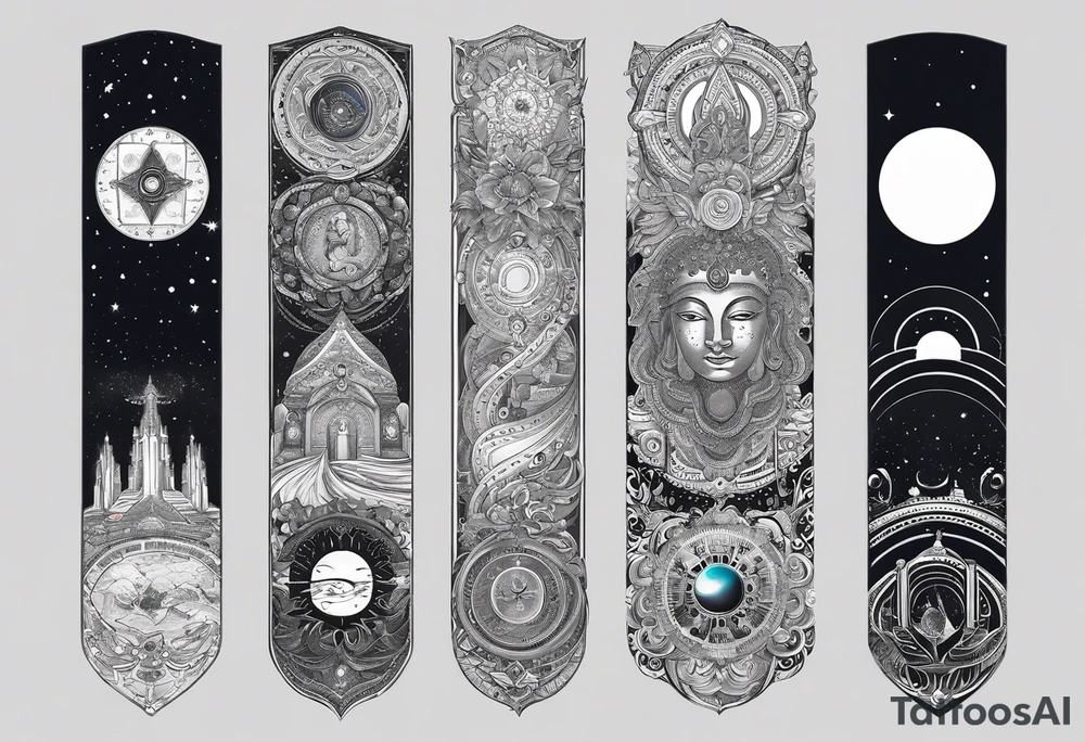I want the sleeve to be about time space continuum, purpose, desire and ambition linked to it. I want the concept to me about how Miniscule we are in this universe but how we feel big and lose perspective and a sense of purpose. I also want Shiva to be added to the tattoo as shiva is considered the destroyer which scientifically goes back to big bang. SO create a tattoo for me in geometric design for my whole right arm tattoo idea