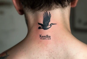 Stork silhouette flying above name Kamilka  and numbers "9.9.2019 v 14:10", inked in subtle muted tones. tattoo idea