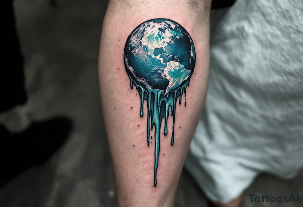 A melting Earth tattoo in icy blue and dull green drips dramatically down the calf. tattoo idea