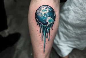 A melting Earth tattoo in icy blue and dull green drips dramatically down the calf. tattoo idea