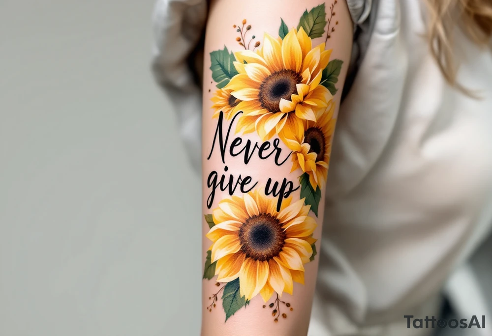 "Never give up" in classic handwritten script, surrounded by sunflowers in golden yellow and green. tattoo idea