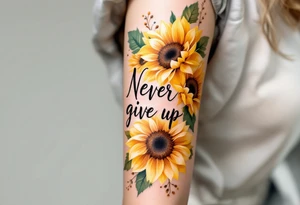 "Never give up" in classic handwritten script, surrounded by sunflowers in golden yellow and green. tattoo idea