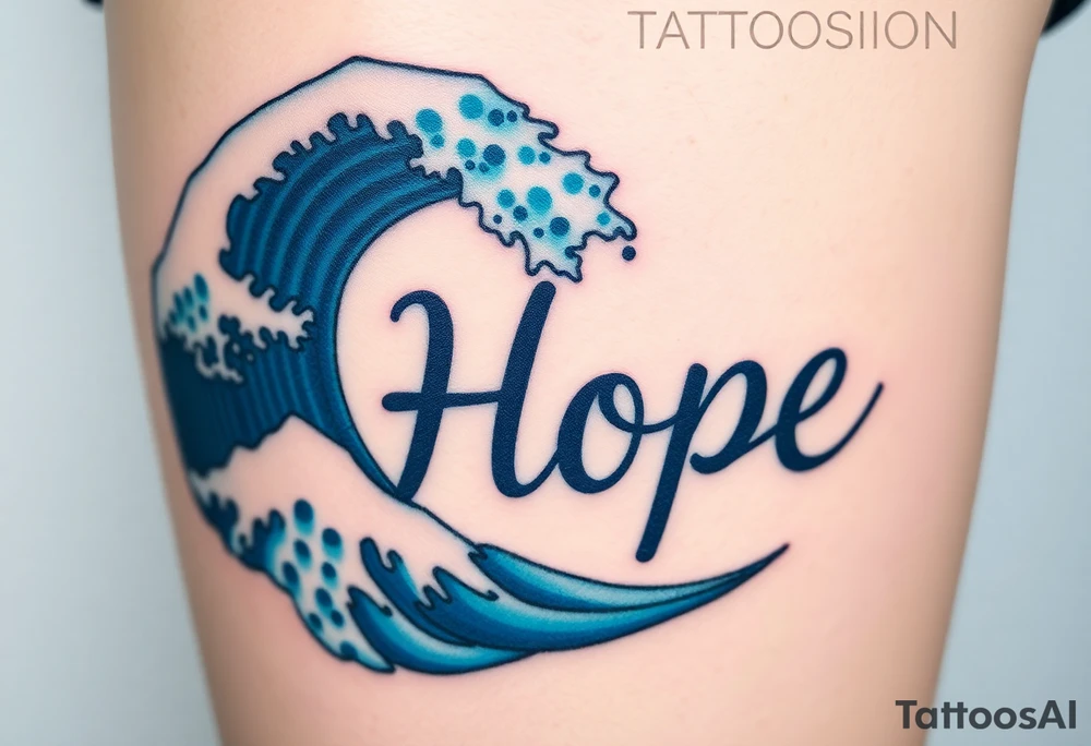A gentle ocean wave curling around the word "Hope", in deep blues and soft seafoam hues tattoo idea