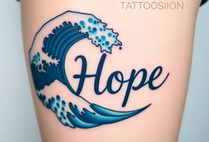A gentle ocean wave curling around the word "Hope", in deep blues and soft seafoam hues tattoo idea
