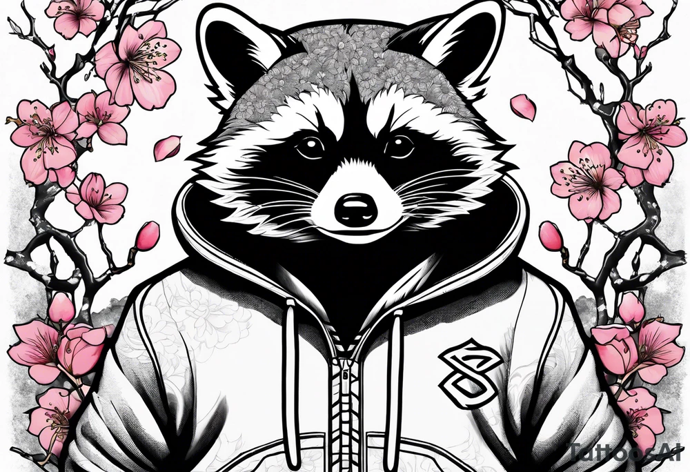 Raccoon wearing a Superman hoodie and Japanese cherry blossoms tattoo idea