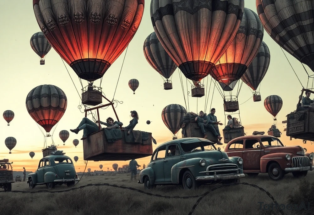 in a very steam punk vibe i want you to make a picture of a bunch of old beat up cars with people lounging in them and garbage and junk all up in and on them, tied to hot air balloons floating in the sky right about dusk and they are as far as the eye can see i want the cars to be floating as if they were the basket to the hot air balloons and the hot air balloons are all different colors and patterns and some are old and patched and i dont want to see the ground at all  i want this to be a scene that is up in the sky with them all floating under the balloons like it is in a dream and every single balloon in the picture is attached to a different old car, and some of the cars you can see people kicked back with thier feet out the window and stuff on the dash of the car, and some with people hanging an arm out hte window some have cigarrette smoke coming out the window, and the balloons all are different but every single car is floating high in the sky tattoo idea