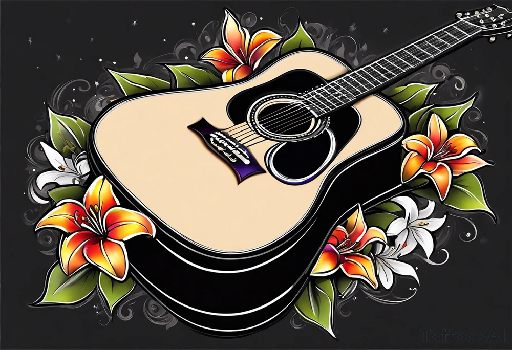 black acoustic guitar with a star on the body and colorful lilies around it. tattoo idea