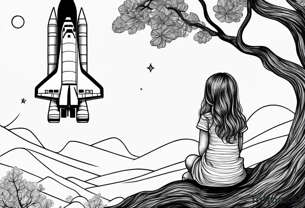 back of small girl in dress with long hair sitting on a tree branch watching a space shuttle launch in the distance tattoo idea