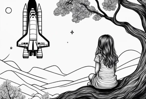 back of small girl in dress with long hair sitting on a tree branch watching a space shuttle launch in the distance tattoo idea