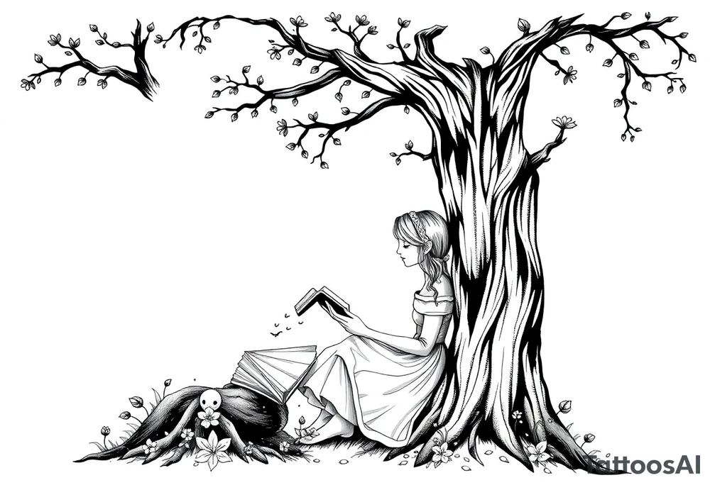 Magical woodland scene with a pretty girl reading a book leaning against a tree tattoo idea